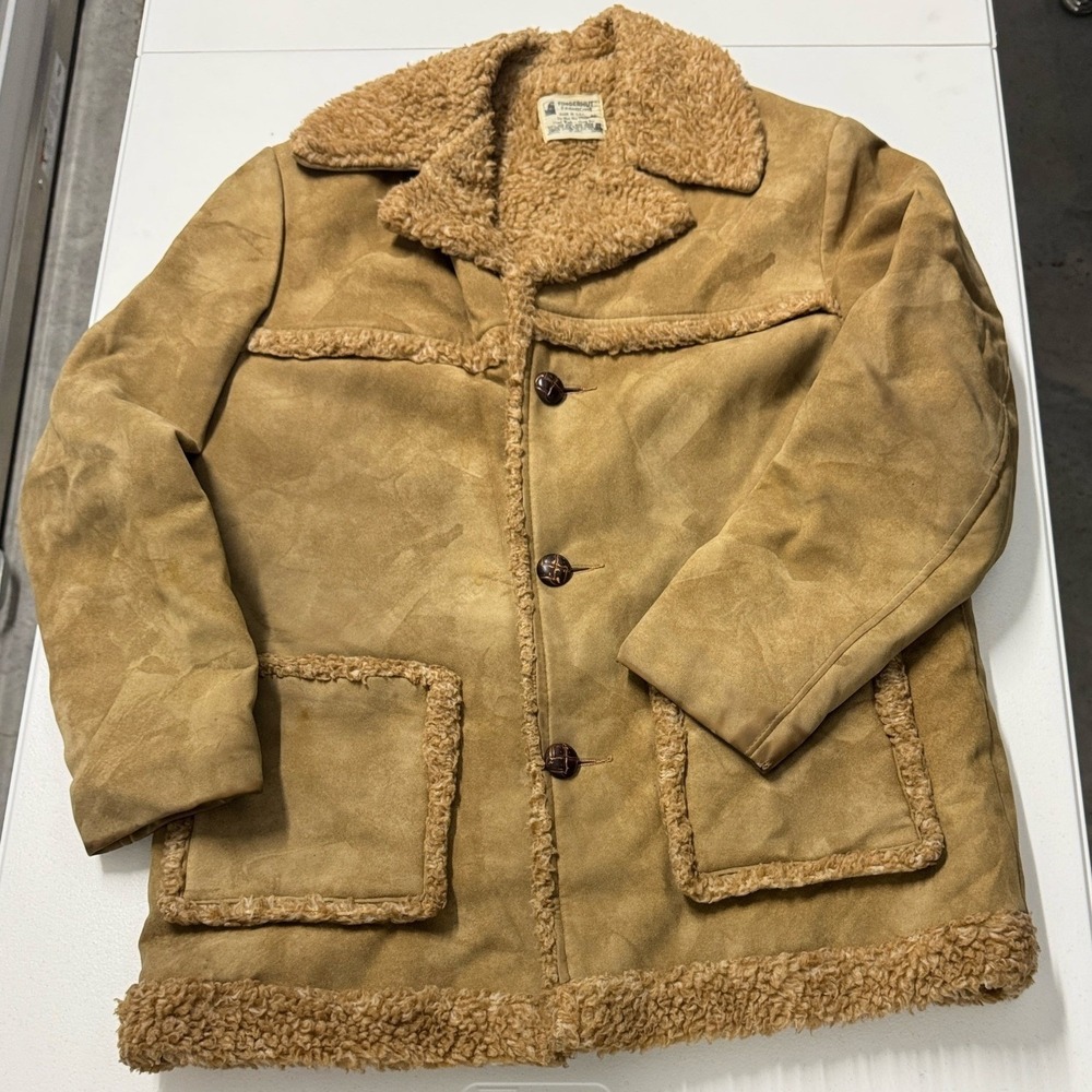 Towncraft Faux Suede Jacket Mens XL Tan Excellent Vintage Sherpa Lined Coat